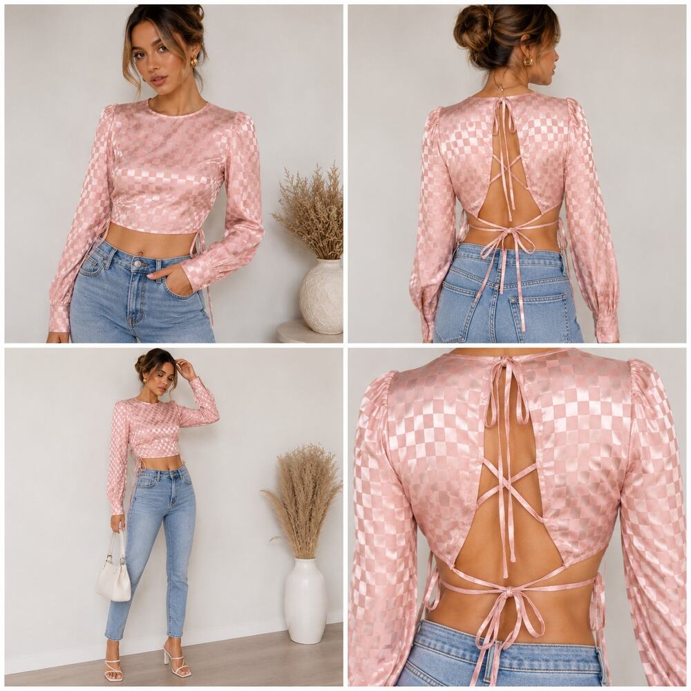 Milk & Honey Blush Satin Wrap Top Womens Medium Checkered Y2K Tie Front